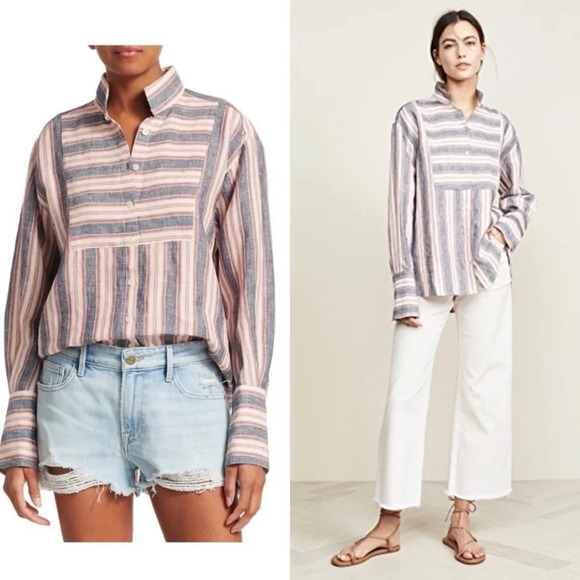 Frame Linen Striped Bib Button Down Shirt Oversized Gray Pink Cream Size XS - Picture 1 of 16